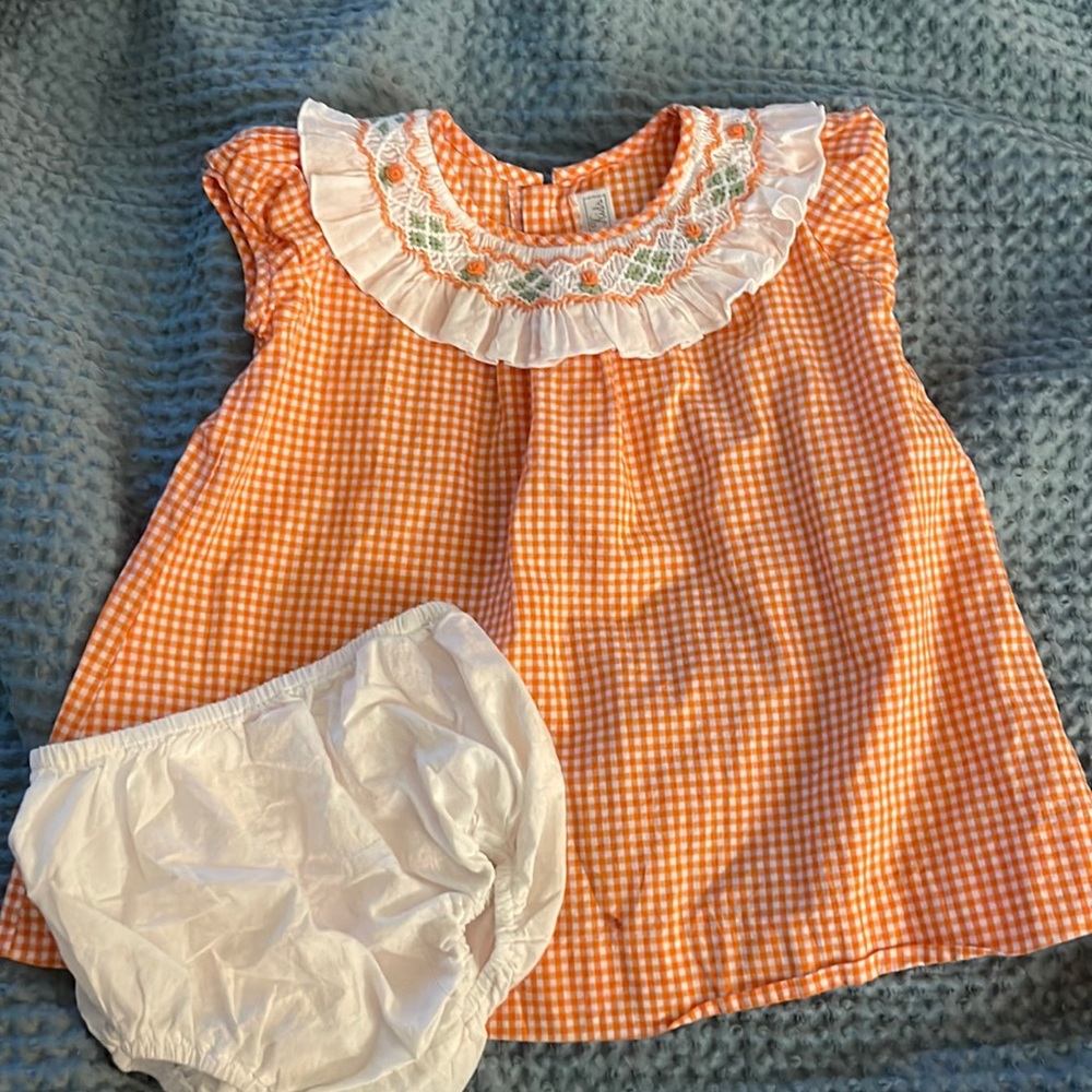Embroidered Dress and bloomer, 9 months, orange